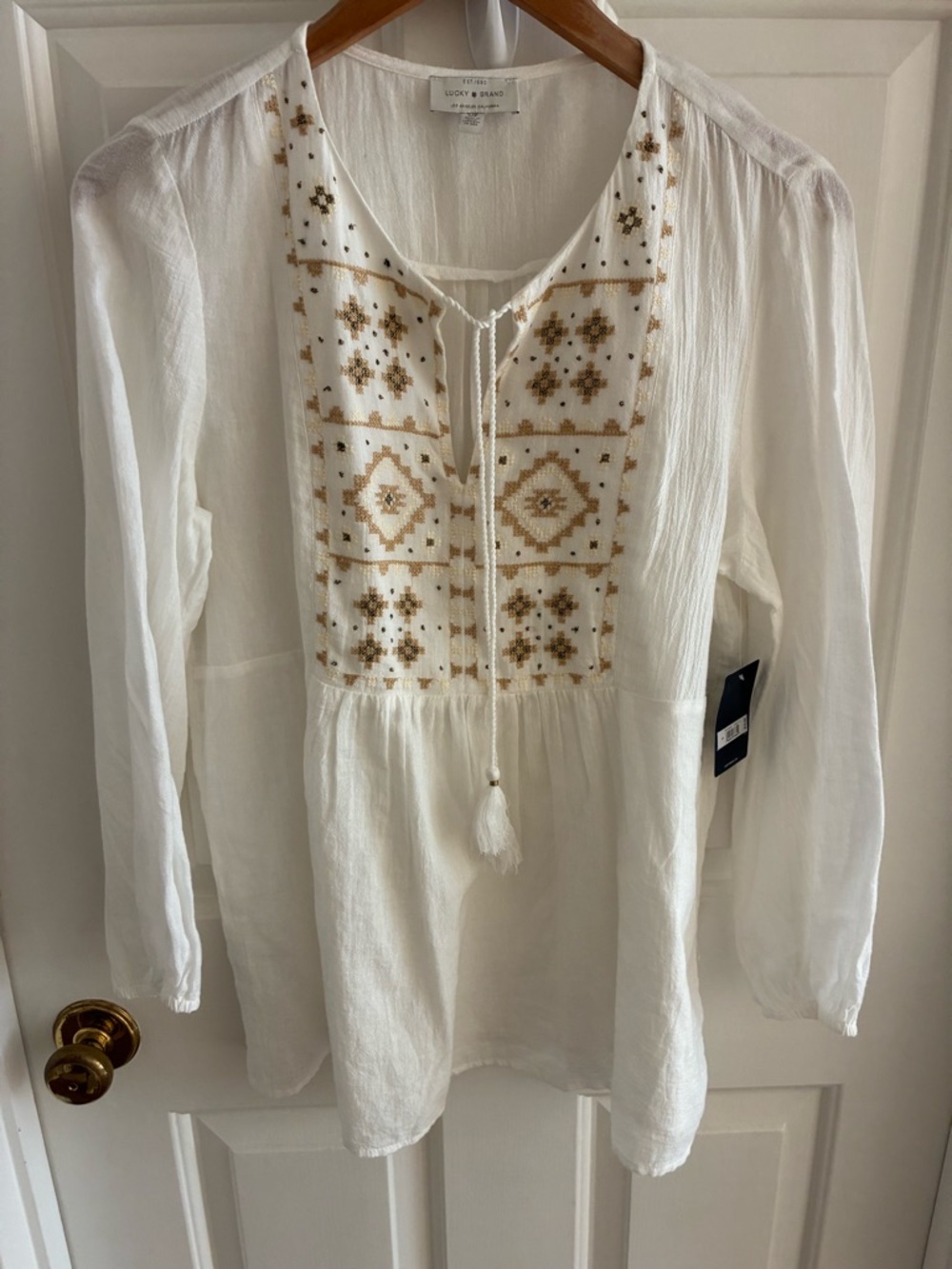 Lucky Brand White Tunic with Gold Embroidered Yoke - Picture 4 of 6